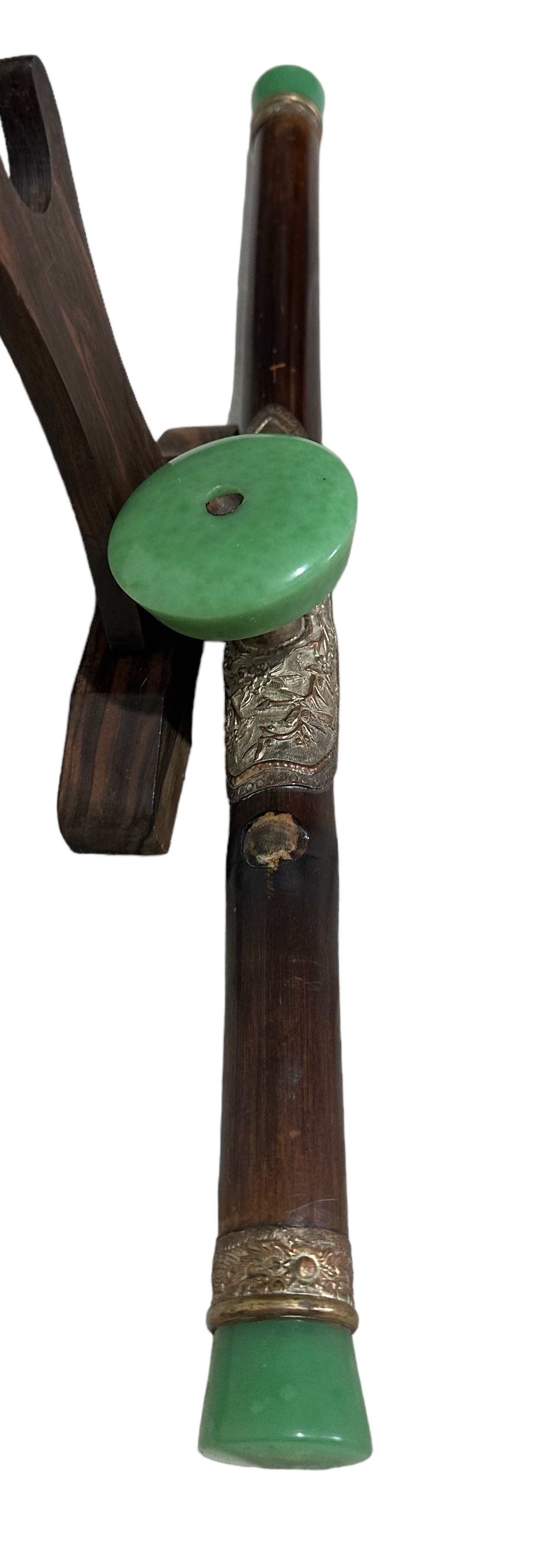 Lot of Opium Pipe with Jade Fittings on Stand-Bone and Wood Opium Pipes+2 Resin examples - Image 3 of 11