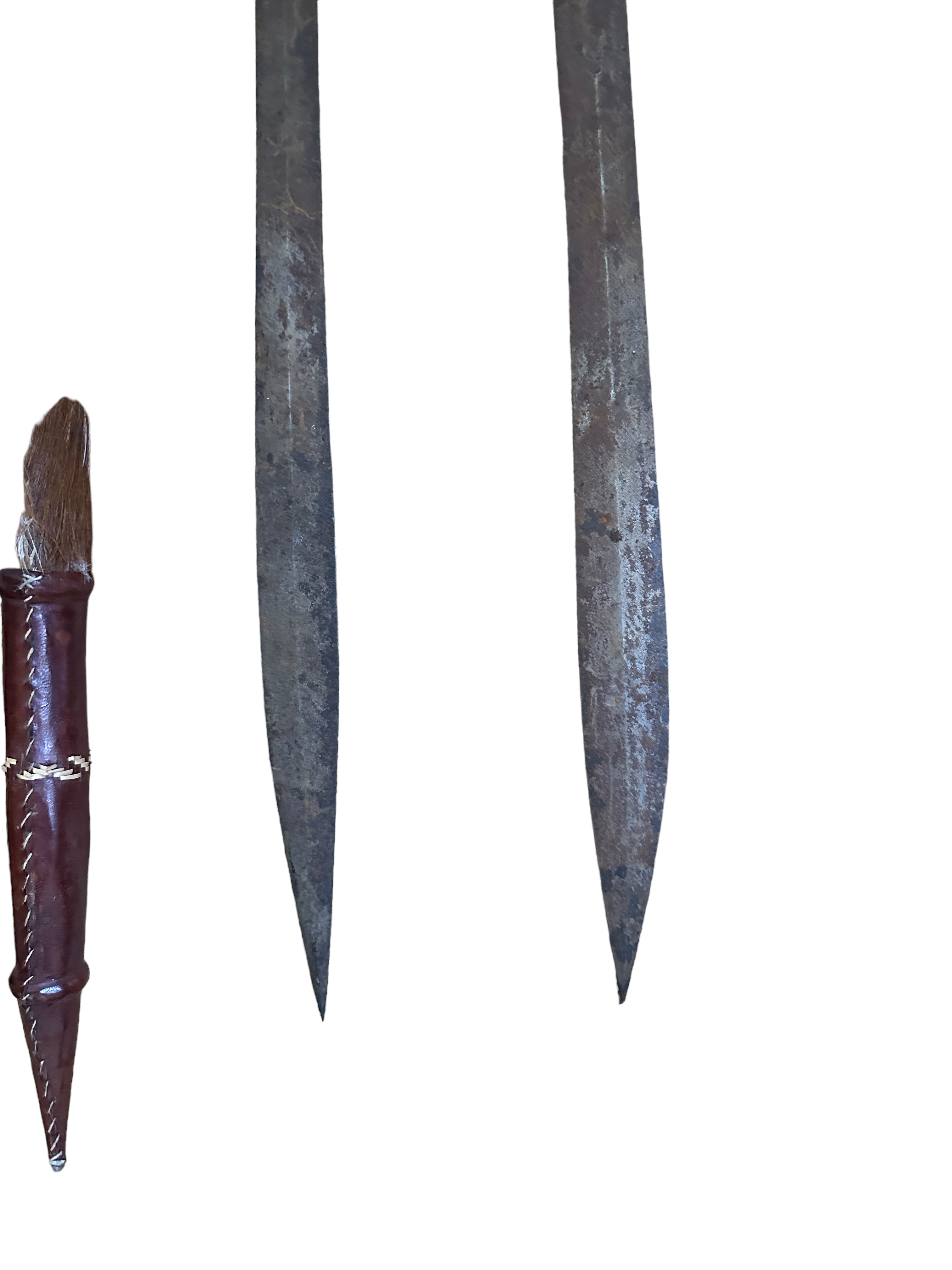 Duo of African Swords 74cm and 63cm and duo of Hide Covered Spears - 86cm long. - Image 4 of 6