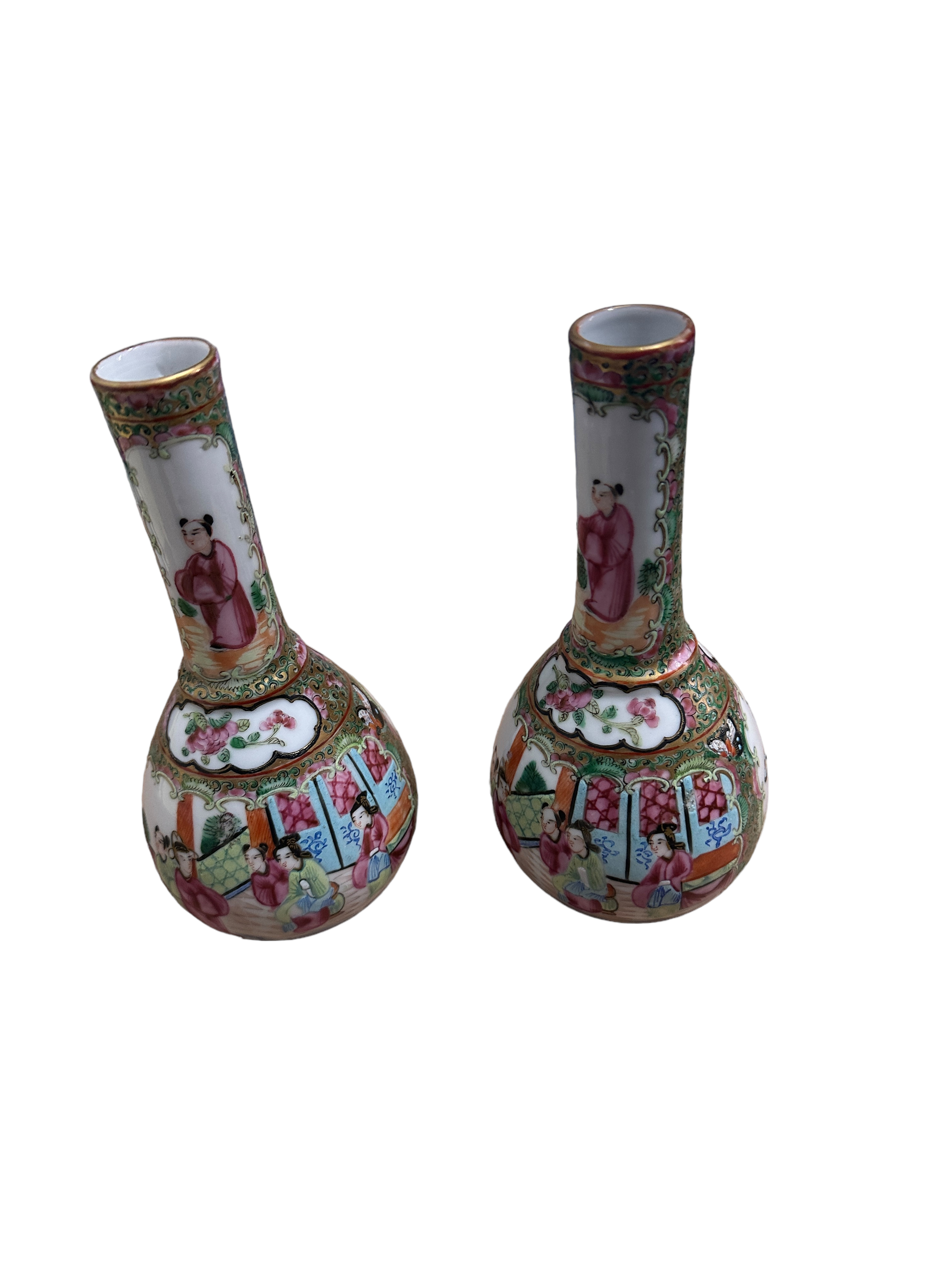 Pair of Antique Chinese Export Famille Rose Bottle Vases 20.3cm tall - diameter 10cm wides. - Image 7 of 9