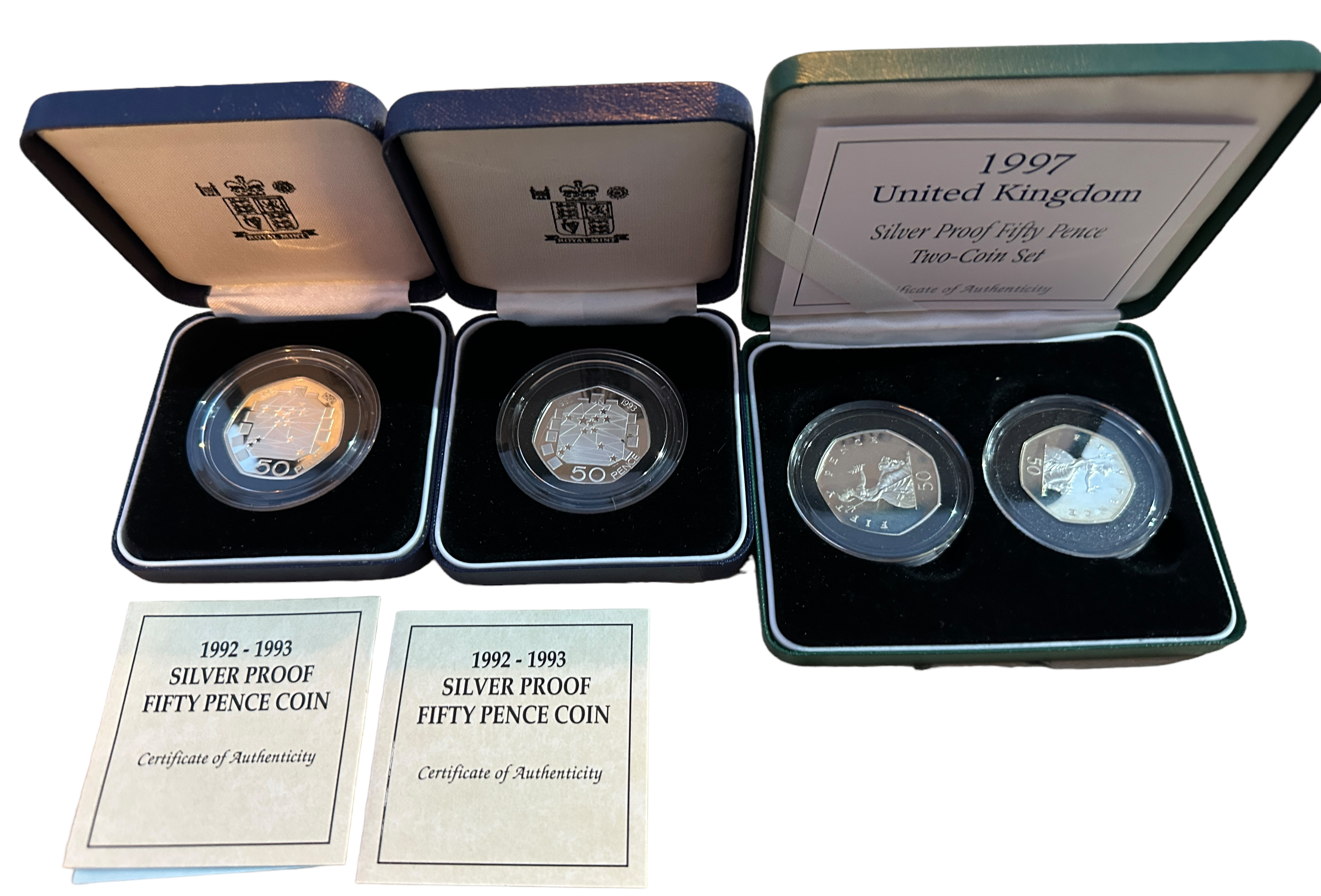 3 Lots of Boxed Silver Proof Fifty Pence Pieces.