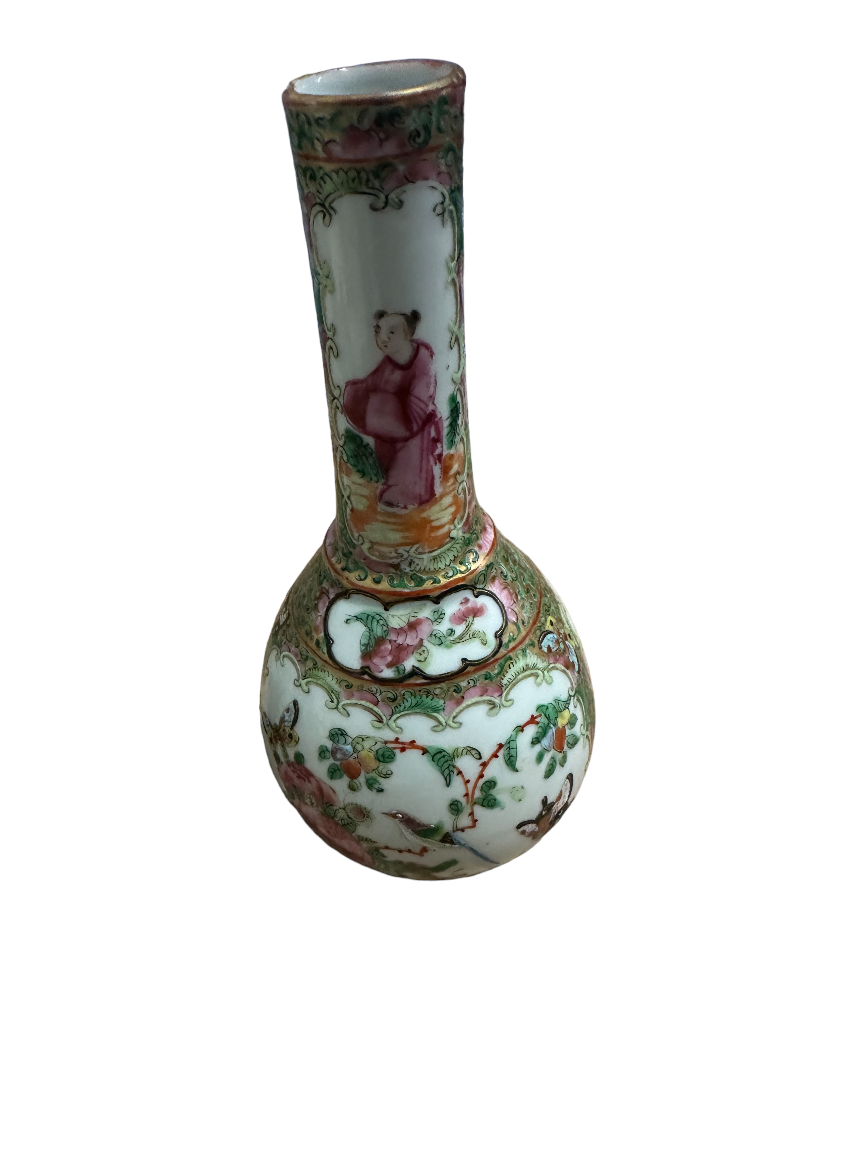 Pair of Antique Chinese Export Famille Rose Bottle Vases 20.3cm tall - diameter 10cm wides. - Image 6 of 9