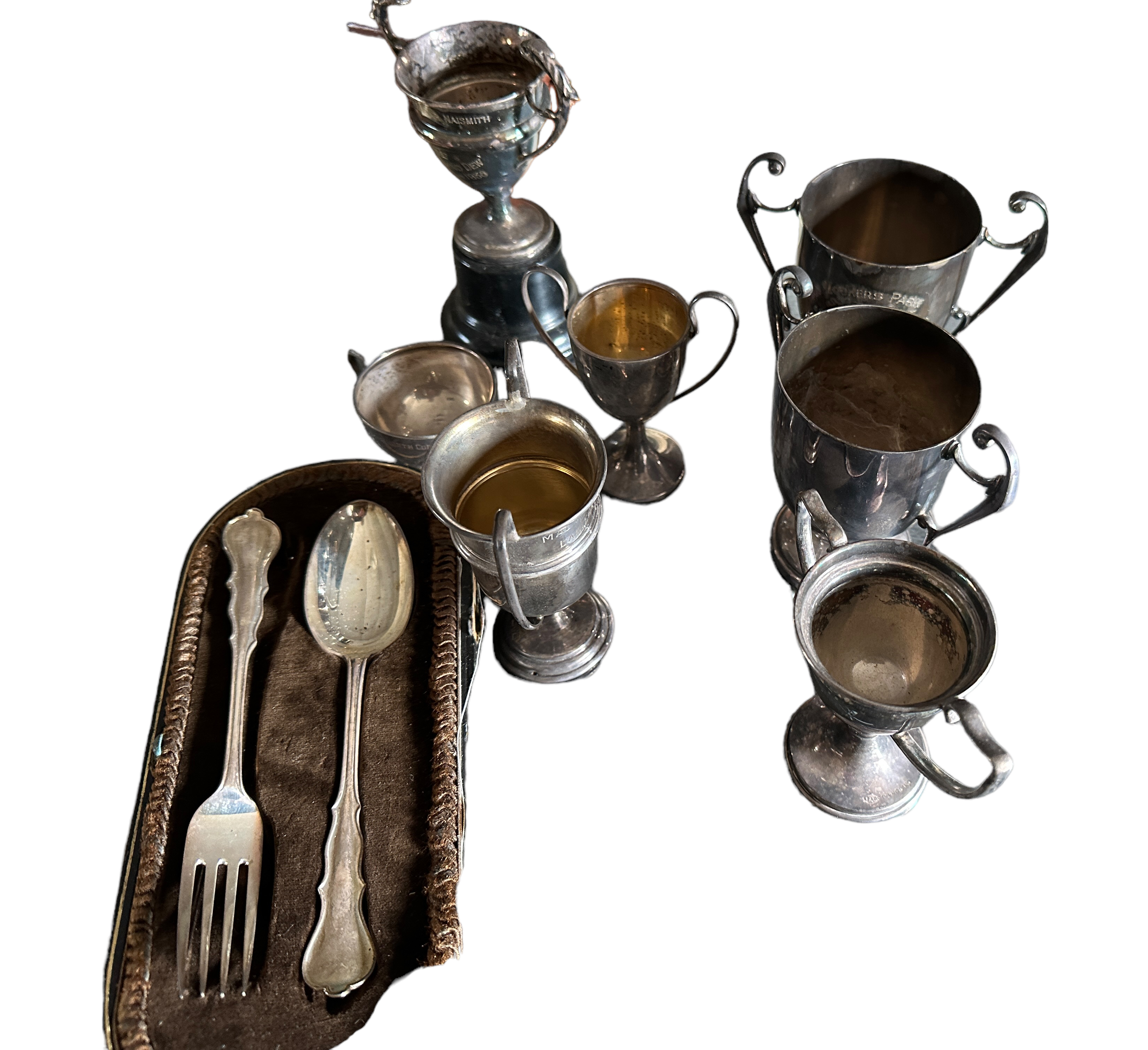 Lot of Various Silver and Silver Plate Trophies and Silver Knife and Fork.