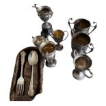 Lot of Various Silver and Silver Plate Trophies and Silver Knife and Fork.