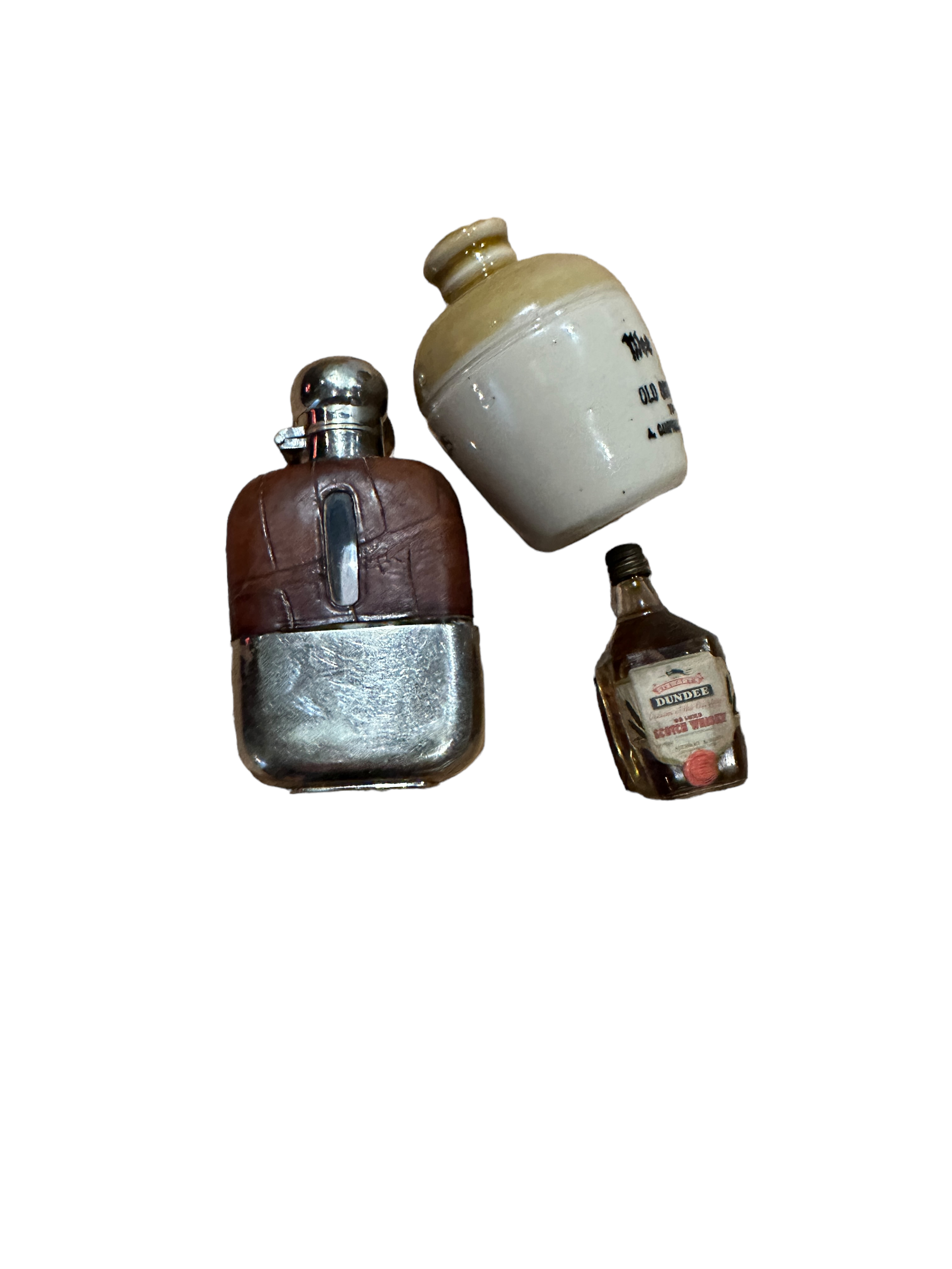 Lot of Small Antique Silver Plated and Leather Whisky Flask - 4" tall and odds. - Image 2 of 3