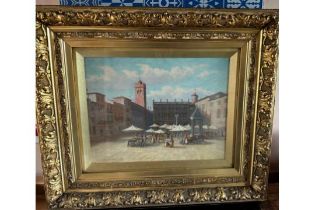 Antique Gilt Framed R B johnston Italian "Verona" Oil Painting - 19 3/4" x 16".