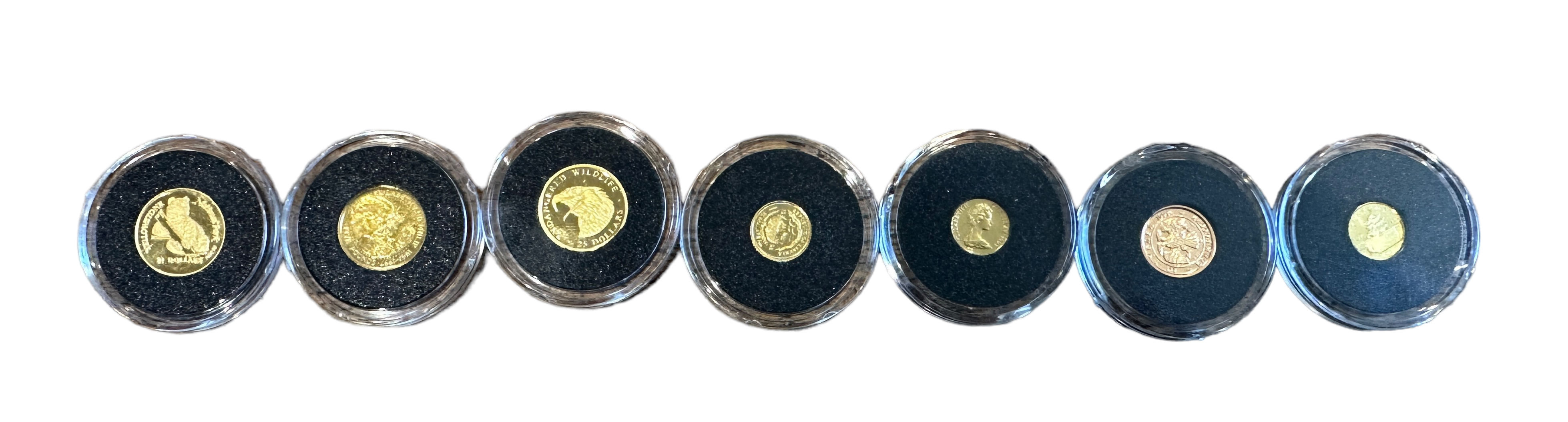 Lot of 7 Miniature Gold Coins to include - Yellowstone 10 dollars-Guernsey £5-Cook Islands.