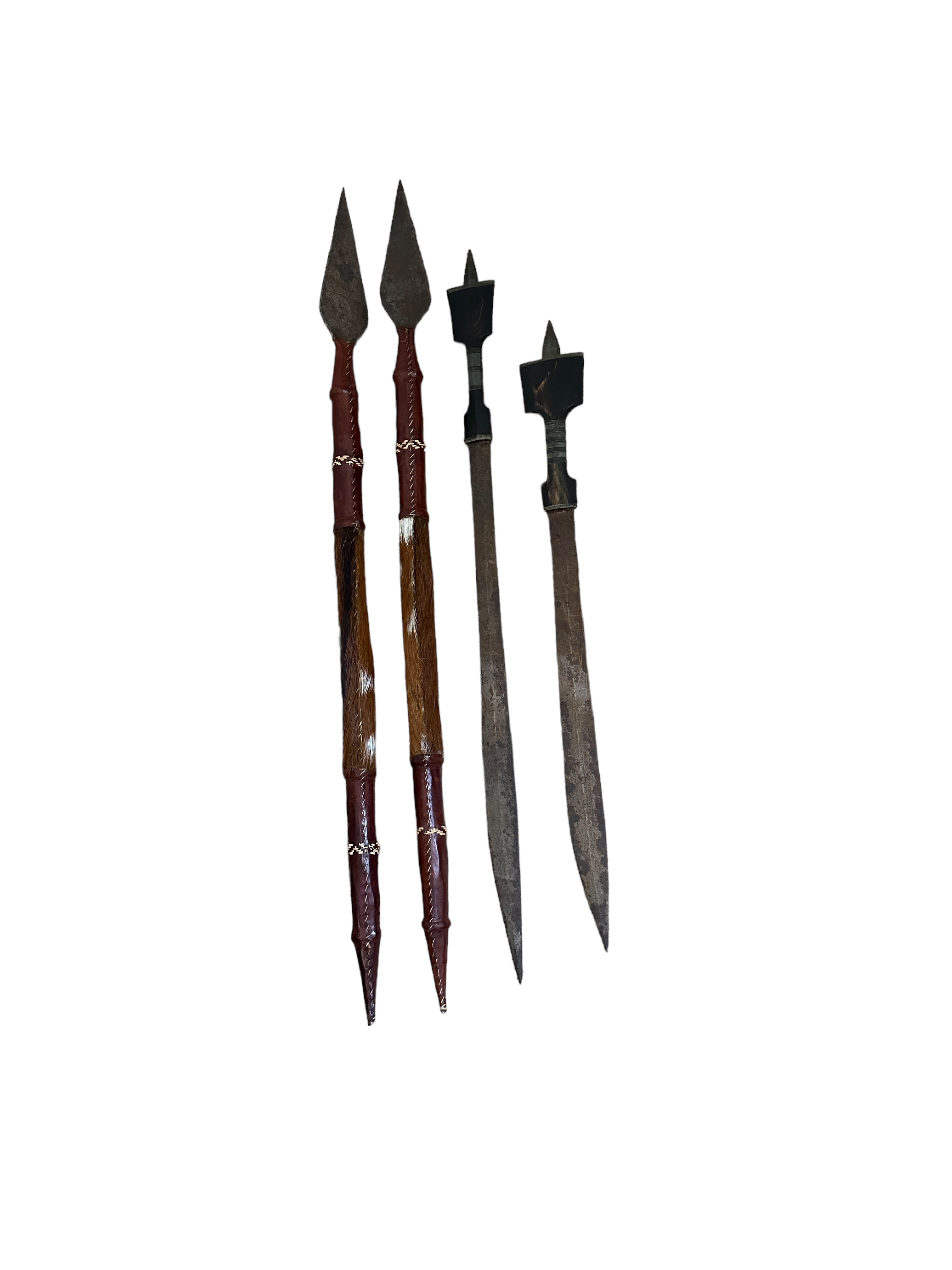 Duo of African Swords 74cm and 63cm and duo of Hide Covered Spears - 86cm long.