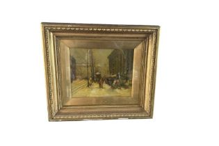 Antique Framed L Kauff Street Scene Oil Painting - 24.5cm x 19.2cm.