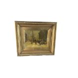 Antique Framed L Kauff Street Scene Oil Painting - 24.5cm x 19.2cm.