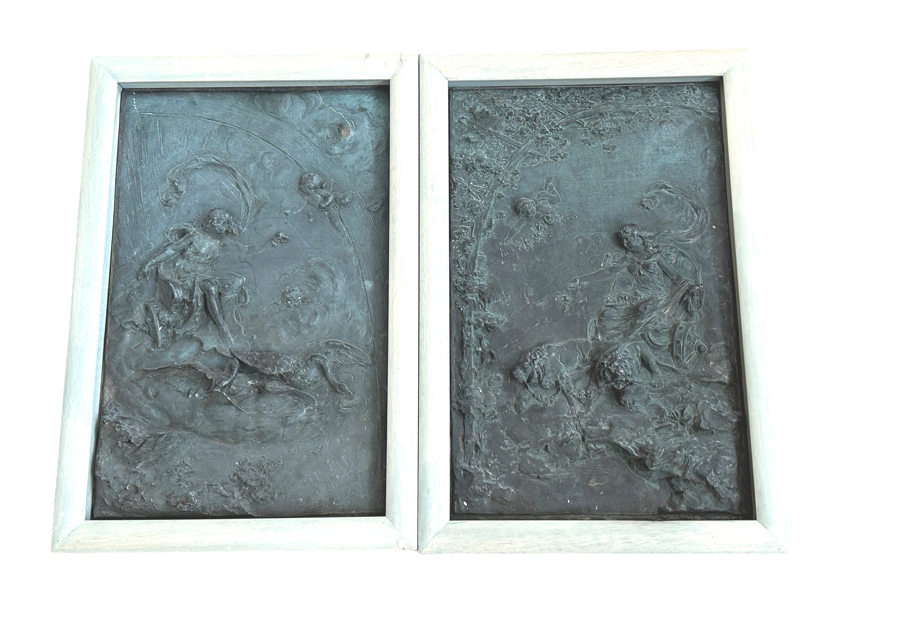 Duo of Antique Victorian Copper Repousse Angel Panels set in Modern Frames - 50cm x 32.5cm.