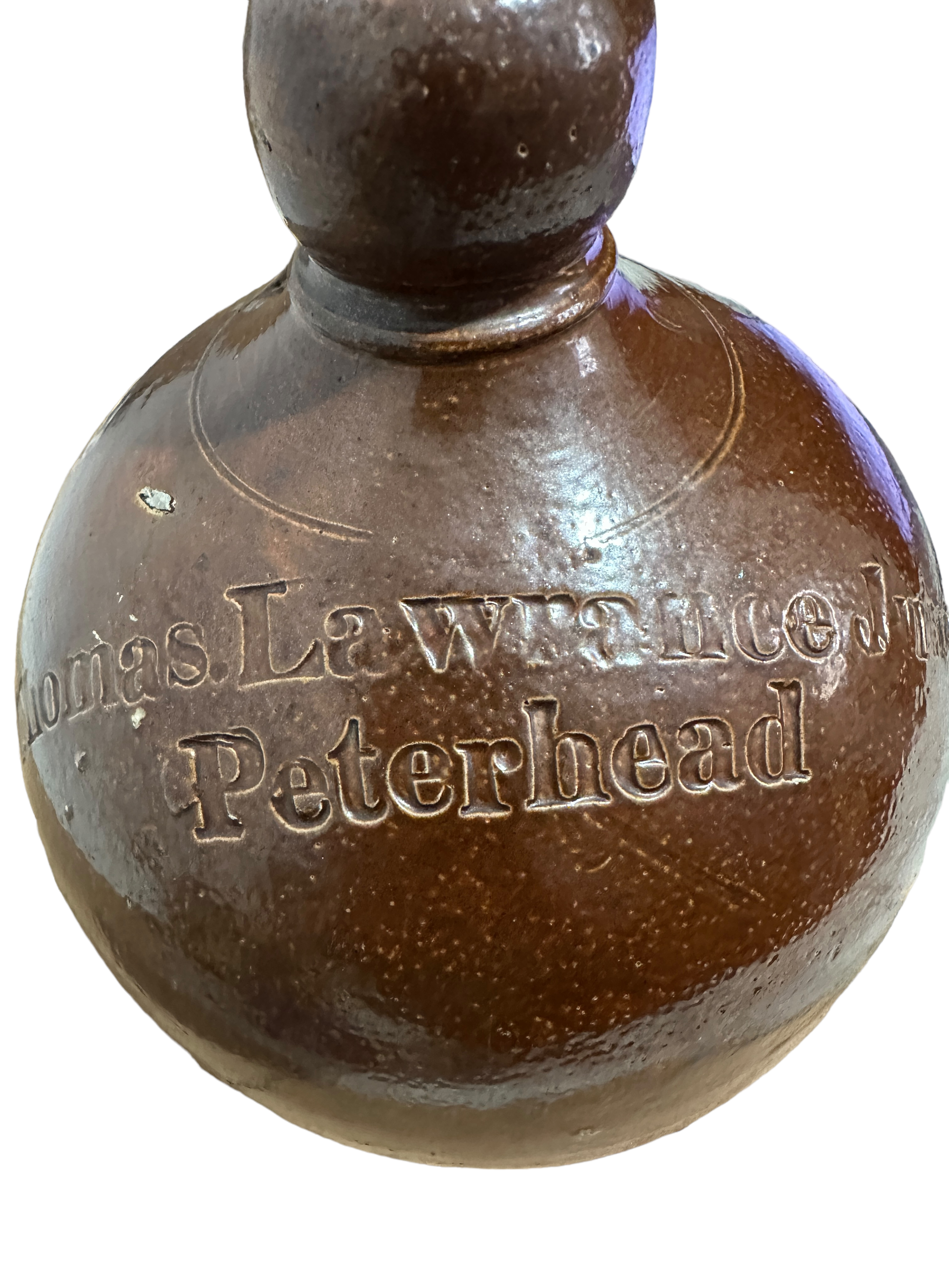 Antique Salt Glazed Stoneware Thomas Lawrence Jnr Peterhead Flagon - 10 1/2" tall. - Image 2 of 6