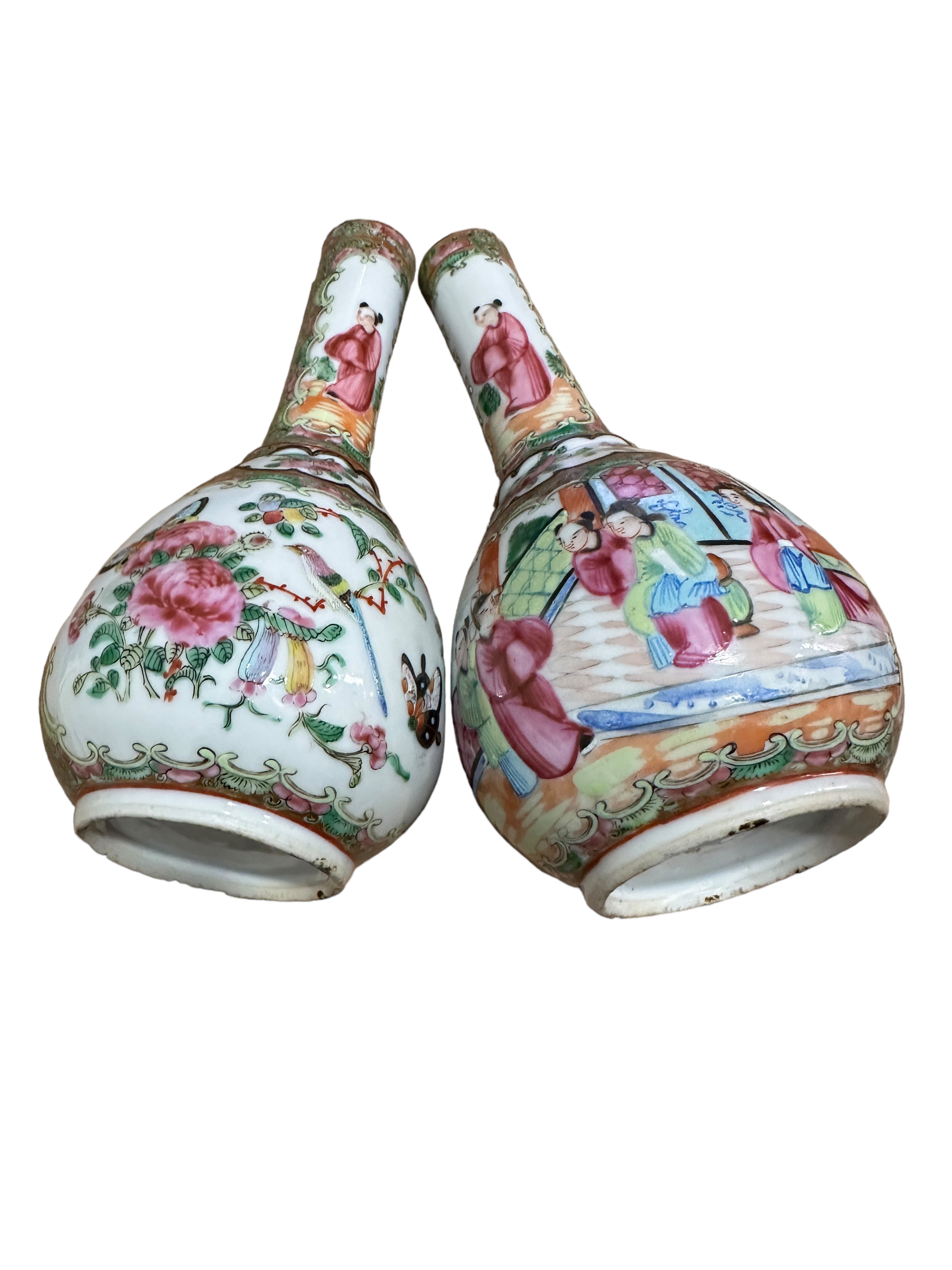 Pair of Antique Chinese Export Famille Rose Bottle Vases 20.3cm tall - diameter 10cm wides. - Image 2 of 9