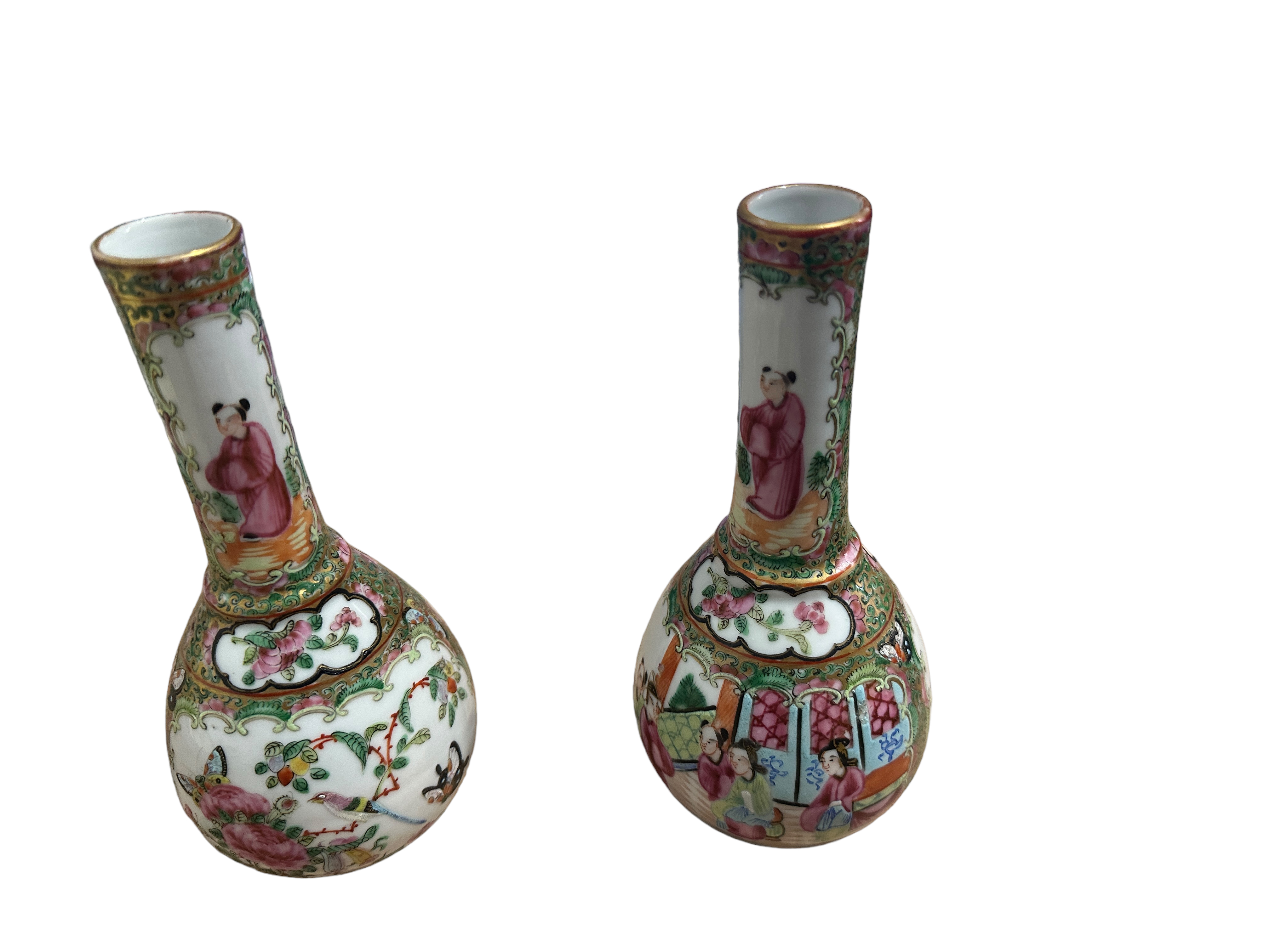 Pair of Antique Chinese Export Famille Rose Bottle Vases 20.3cm tall - diameter 10cm wides.