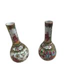 Pair of Antique Chinese Export Famille Rose Bottle Vases 20.3cm tall - diameter 10cm wides.