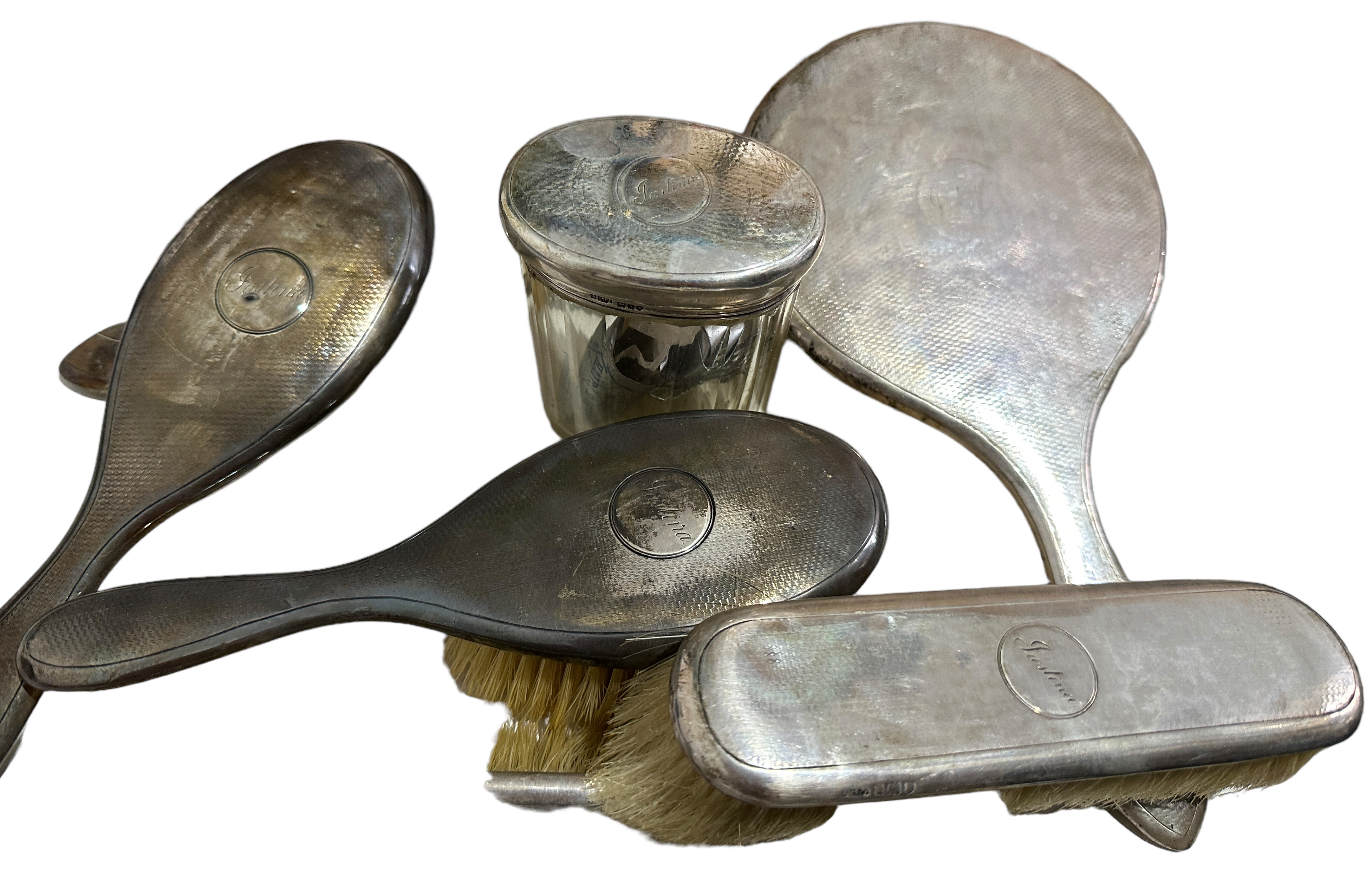 Lot of Various Antique Silver Backed Hair Brushes and Mirror all with the name Justina. - Image 2 of 3