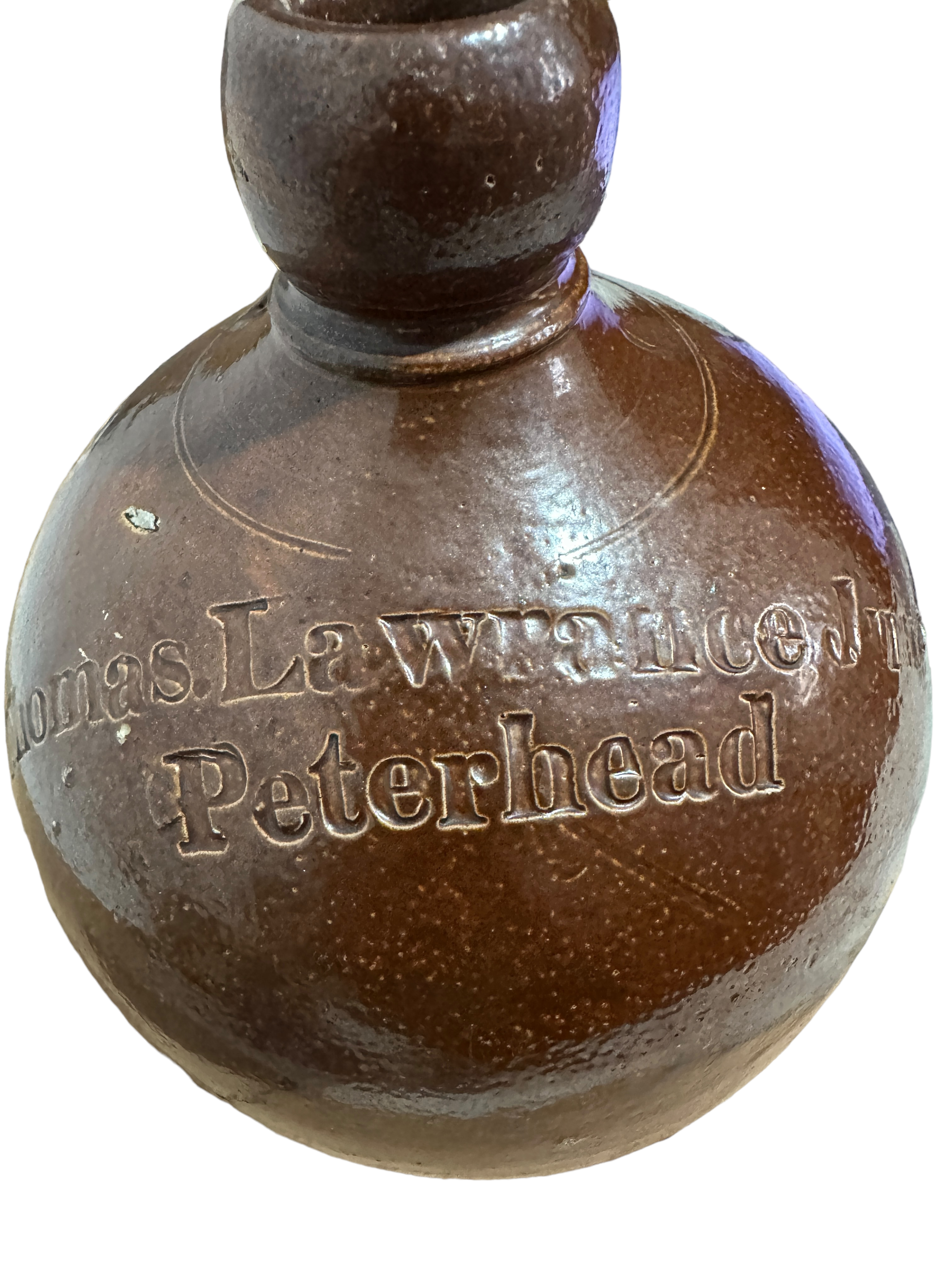 Antique Salt Glazed Stoneware Thomas Lawrence Jnr Peterhead Flagon - 10 1/2" tall. - Image 3 of 6