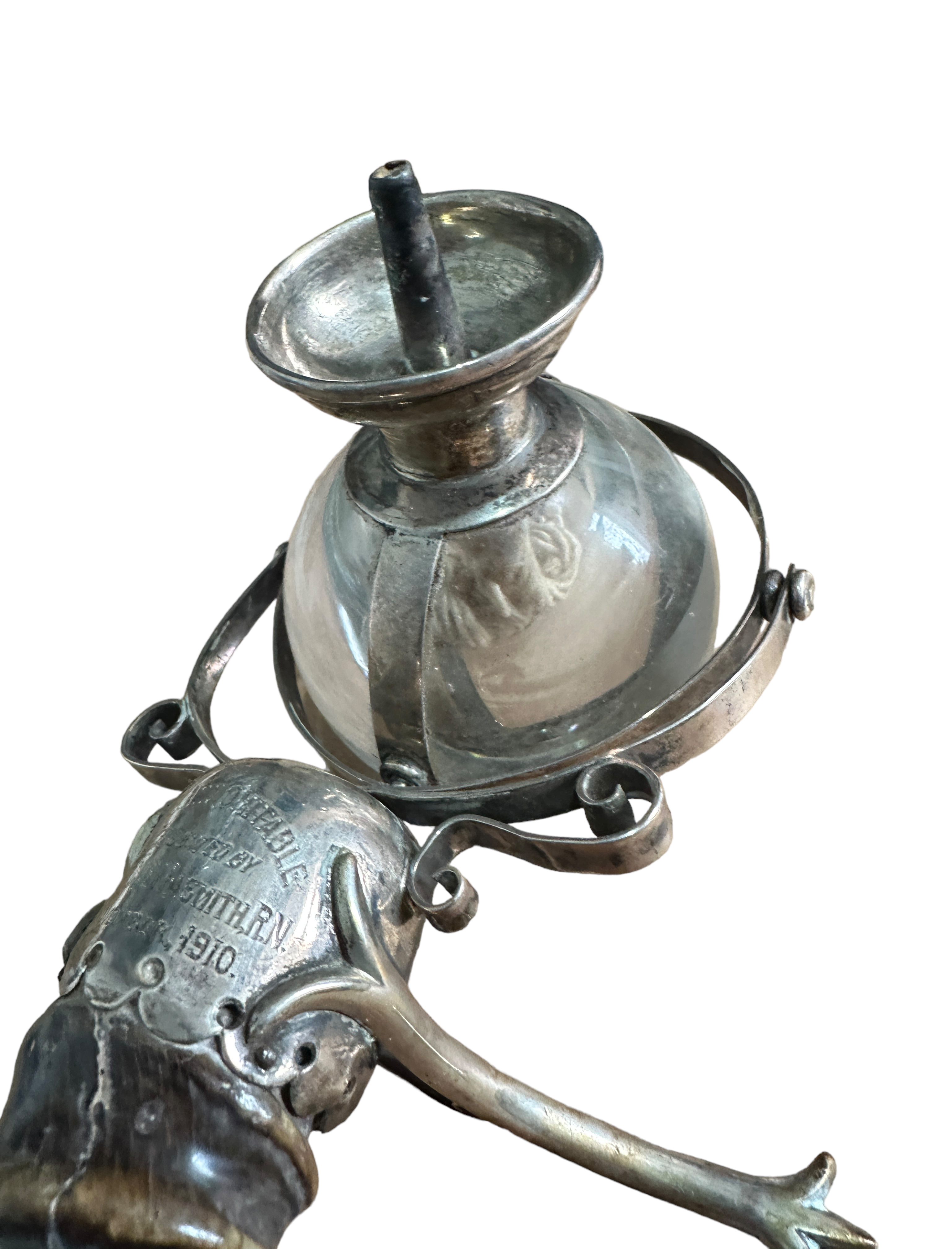 Antique HMS Indomitable 1910 Presentation Silver Inscribed Table Light - 16" long. - Image 5 of 6