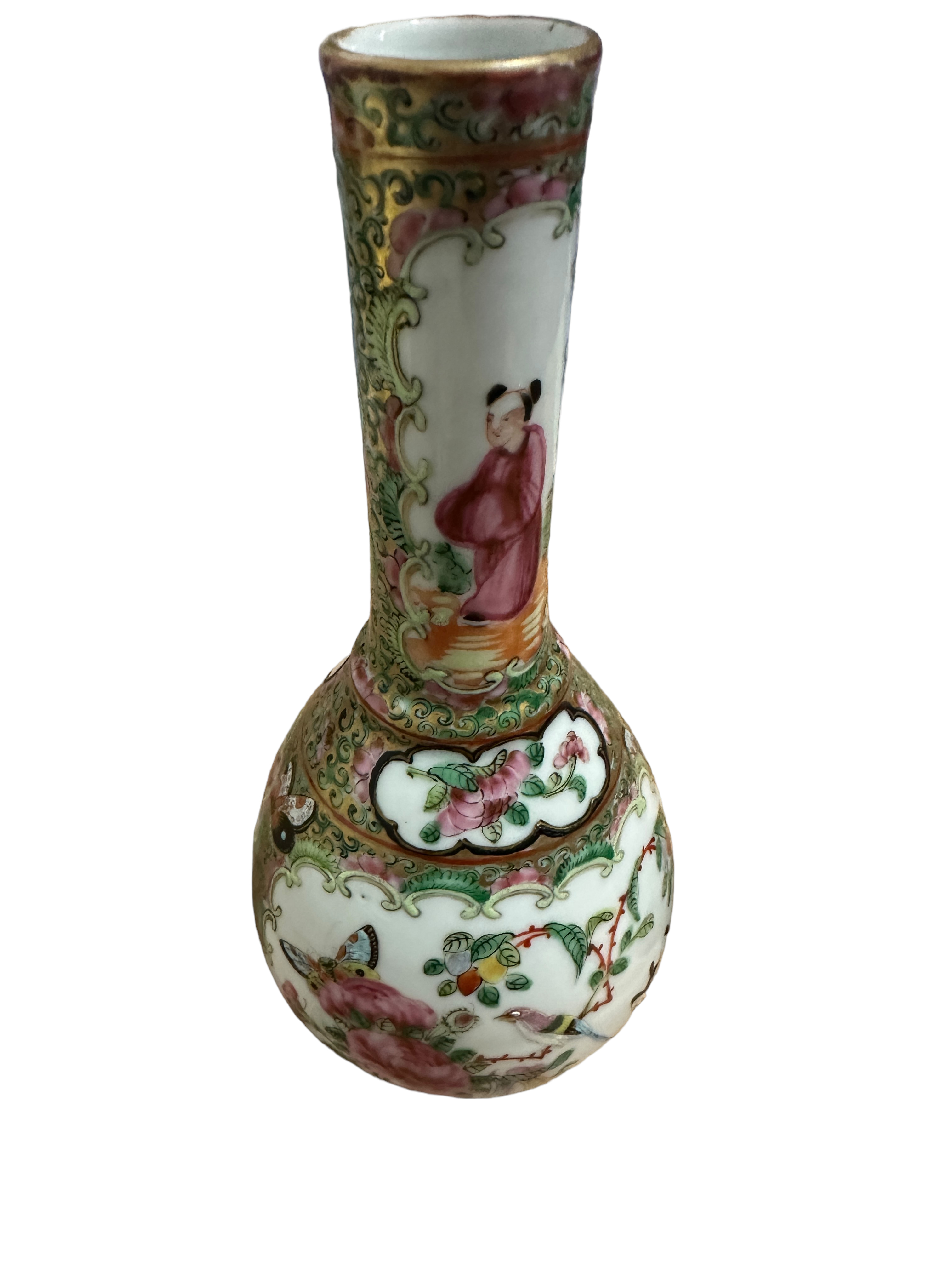 Pair of Antique Chinese Export Famille Rose Bottle Vases 20.3cm tall - diameter 10cm wides. - Image 4 of 9