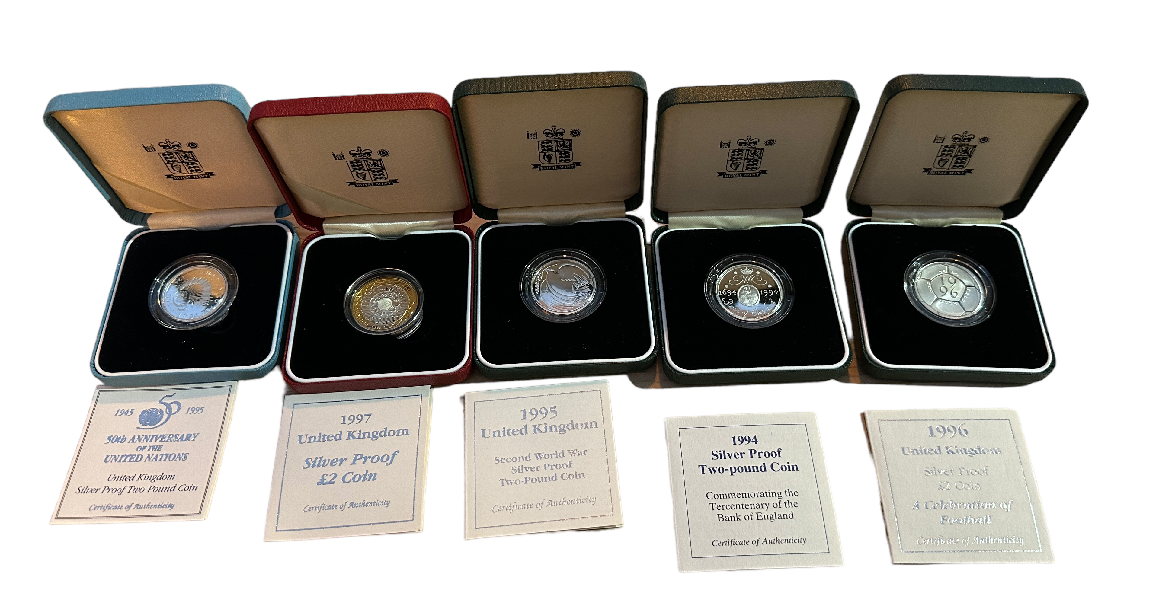 Lot of 5 Various Boxed Silver Proof £2 Coins.