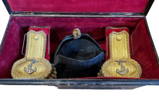 Rear Admiral R W Mayo "Osprey Supremo" Tin Box of Hat, Epaullettes and Sword Belt.