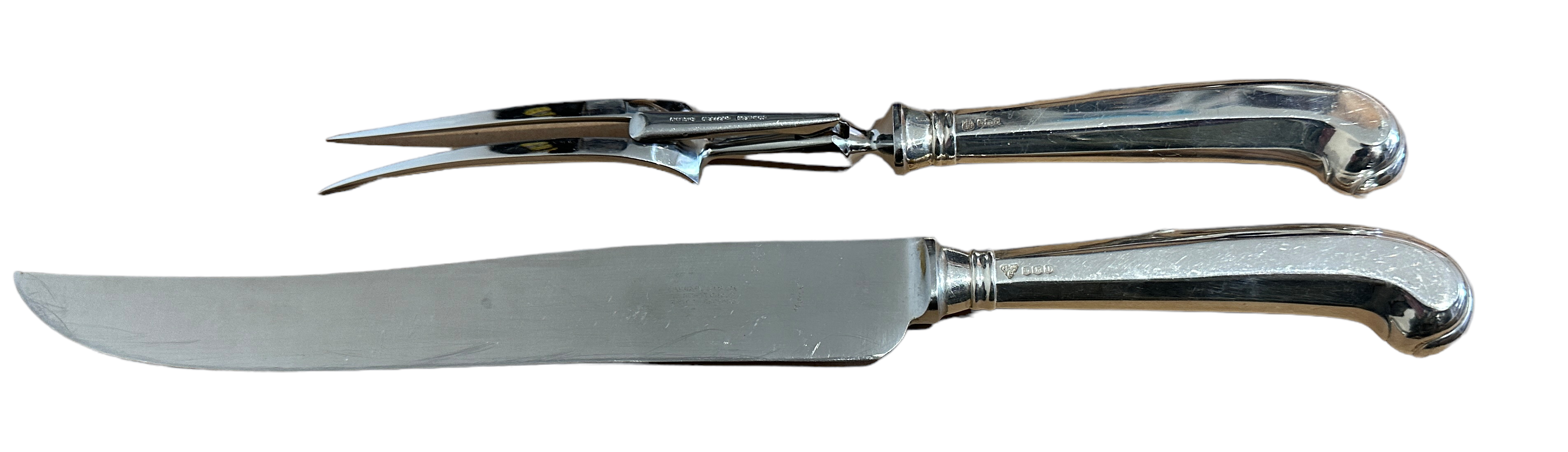 Vintage Silver Handled Pistol Grip Carving Set - Knife 14" long and Fork 10 3/4" long.