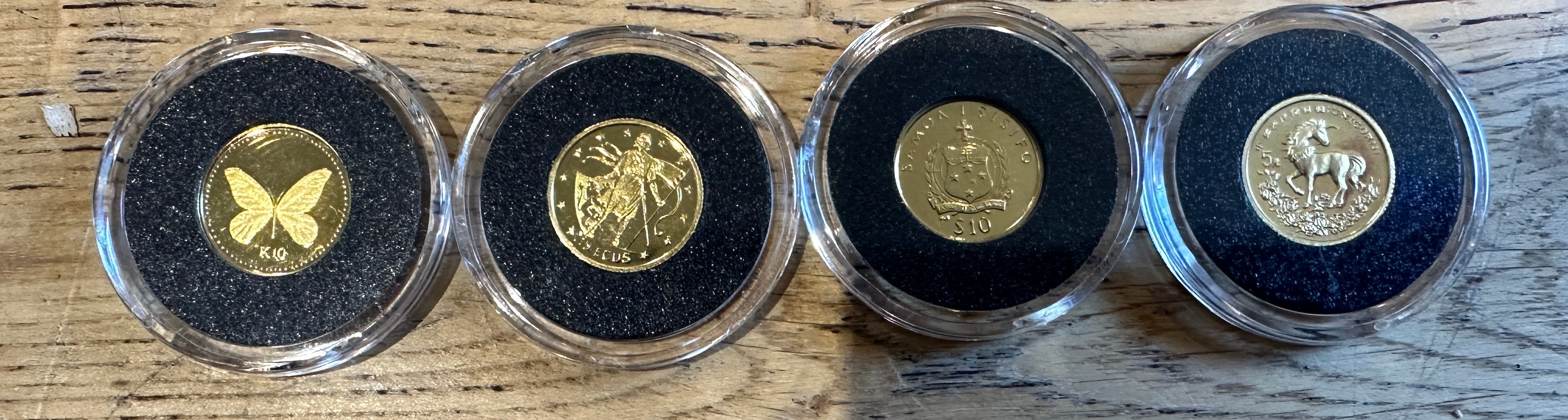 Lot of 4 Miniature Gold Coins - Papua New Guinea-Gibraltar-Samoa-PRC approx weight 5.5grams