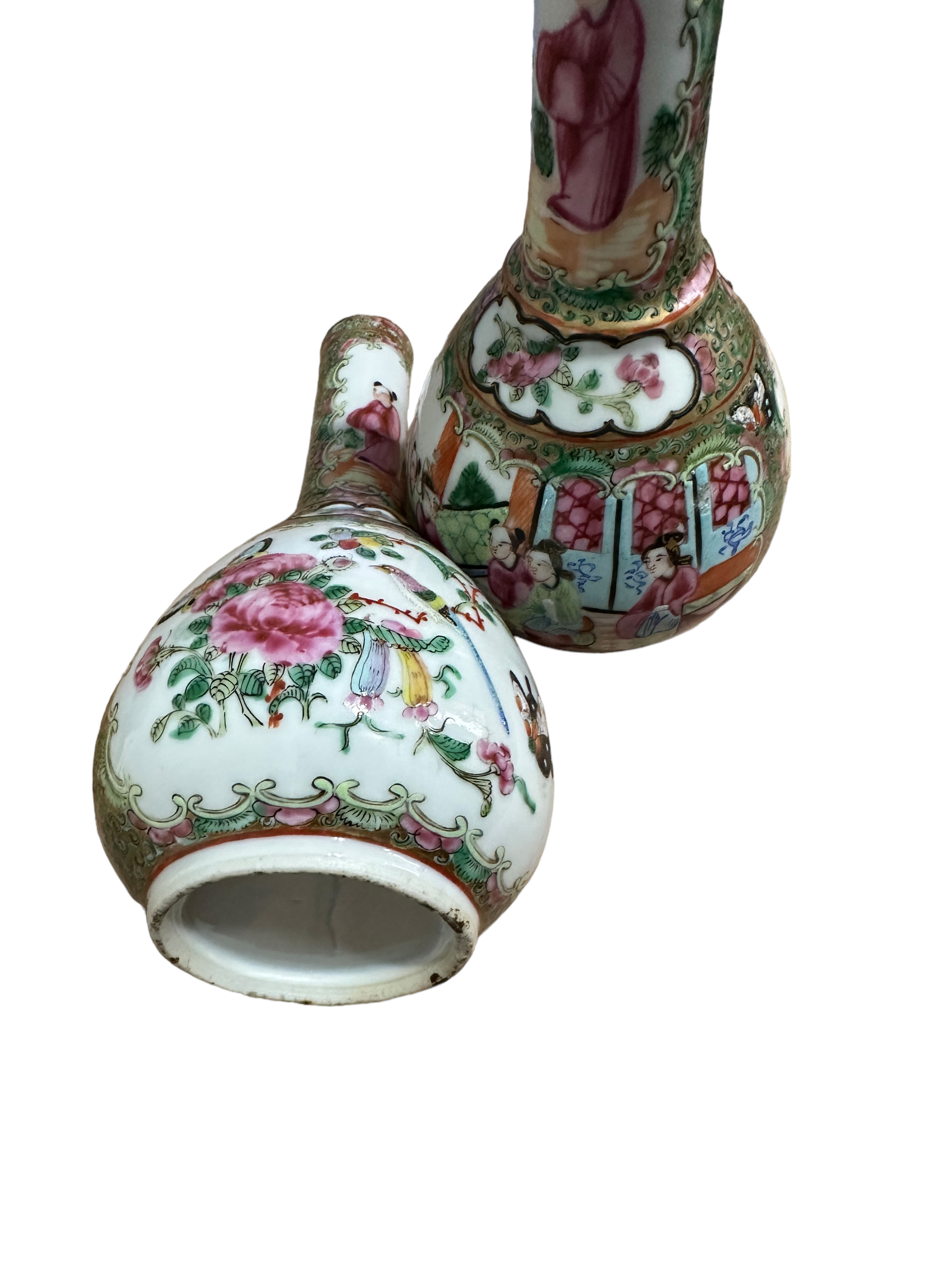 Pair of Antique Chinese Export Famille Rose Bottle Vases 20.3cm tall - diameter 10cm wides. - Image 5 of 9