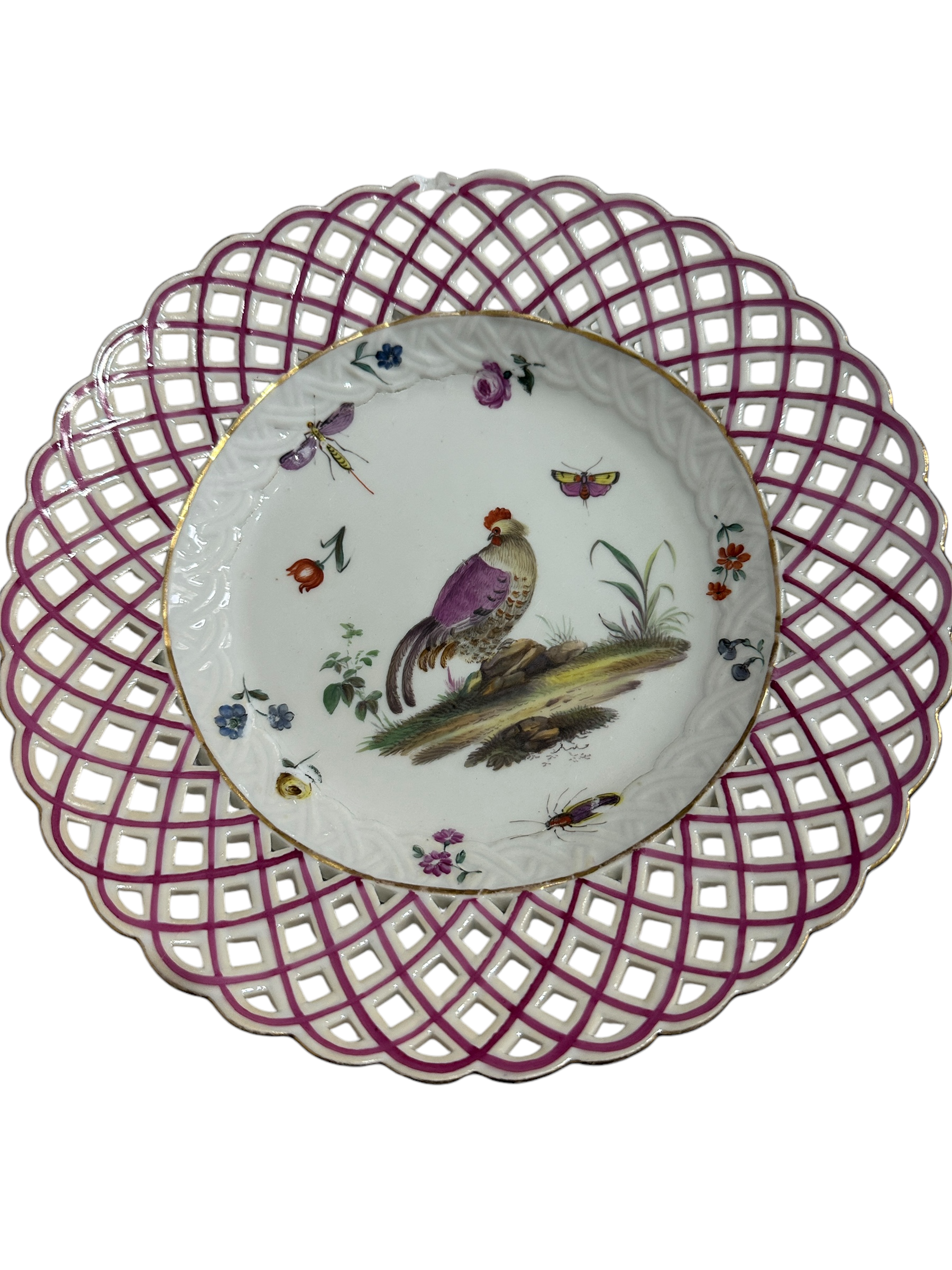 A Lot of 13 Dresden Meissen Ornithological Themed Ribbon Plates & 1 basket of the same pattern. - Image 28 of 35