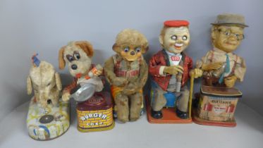 Vintage tin-plate mechanical battery operated toys including Bar Tender, Elephant and Monkey Smoker