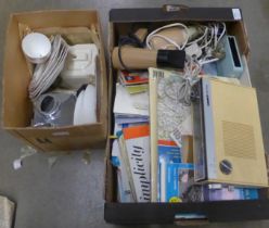 Two boxes, maps, teaware, Philips clock radio, hair dryers, etc., (electricals for show) **PLEASE