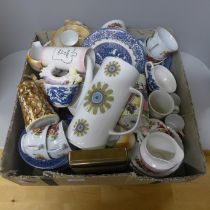 A collection of china, blue and white Willow pattern, two shakers, an oriental tea service, Royal