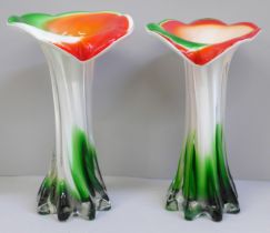 A pair of coloured glass vases, 20cm