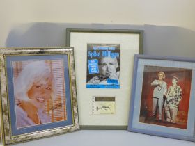 Three autographed framed displays, Spike Milligan, Doris Day and Norman Wisdom
