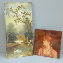 Two tiles; one Mintons China Works with half portrait of a beauty and one landscape titled Summer
