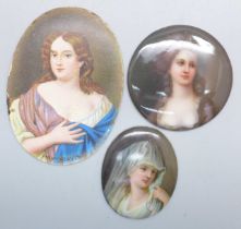 Two portrait plaques and one larger print on paper and applied on tin marked Mary Davis