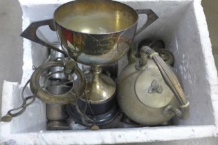 A plated trophy, a spirit kettle, tankards and goblets **PLEASE NOTE THIS LOT IS NOT ELIGIBLE FOR