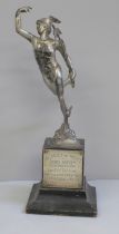 A silver plated figural trophy of the God Hermes, Motorist of Merit Road Safety Competition,