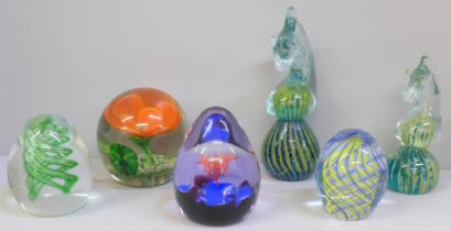 Two M'dina glass paperweights, a Caithness glass paperweight and three others