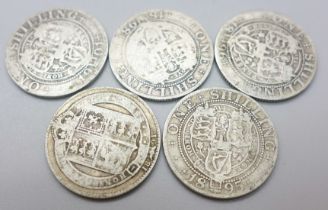 Five Victorian veiled head shillings, 1891, 1895, 1896, 1898 and 1901