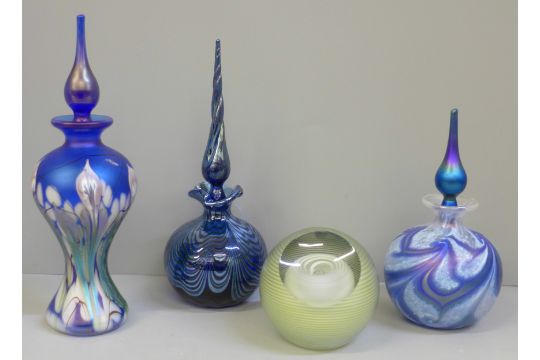 Three Okra Glass Studios scent bottles and a glass paperweight - Image 1 of 9