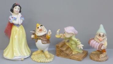 Royal Doulton figures of Snow White, Bashful's Melody, Dopey by Candlelight and Happy (4)