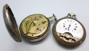 An 8-Days pocket watch with rowing scene on the back, a/f, and a 19th Century pocket watch case