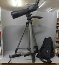An Opticron ES80GA waterproof spotting scope, made in Japan, with tripod, monostick and with three