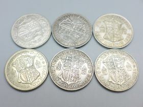 Six half-crowns, 1924, 1928, 1929, 1933, 1935 and 1939
