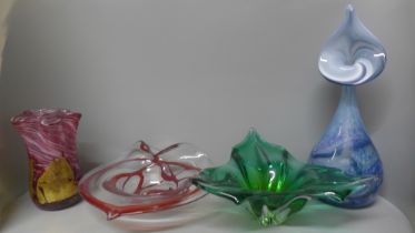 Three items of Ingrid Pears studio glass and a Murano green glass dish