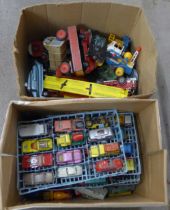 A box of early Matchbox die-cast model vehicles, playworn and a box of mixed Corgi and Dinky