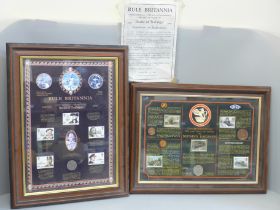 Two framed commemorative displays, Last Days of Steam and Rule Britannia Trafalgar, coin and stamp