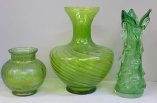 Three green glass vases, tallest 27cm, smallest vase with tiny chip to rim **PLEASE NOTE THIS LOT IS