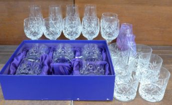 Five Edinburgh crystal whisky glasses, boxed, six other whisky, six wines and four champagne glasses