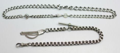 A silver watch chain lacking T-bar and a silver Albertina chain, T-bar not marked, total weight 47g